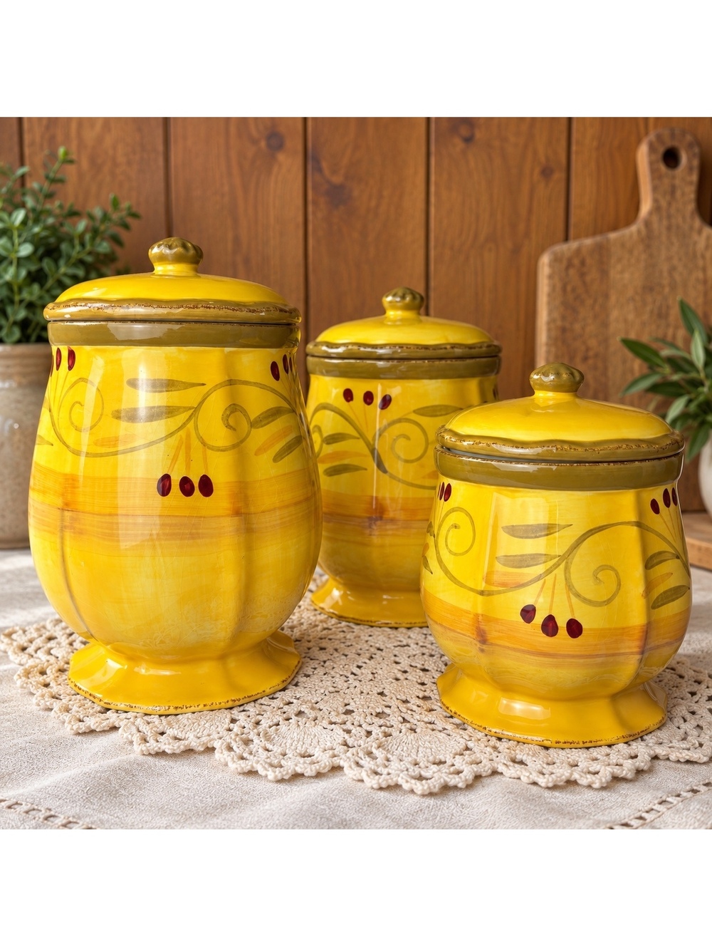 Yellow Ceramic Kitchen Canister Set Of 3 With Lids Tuscan Scroll Design